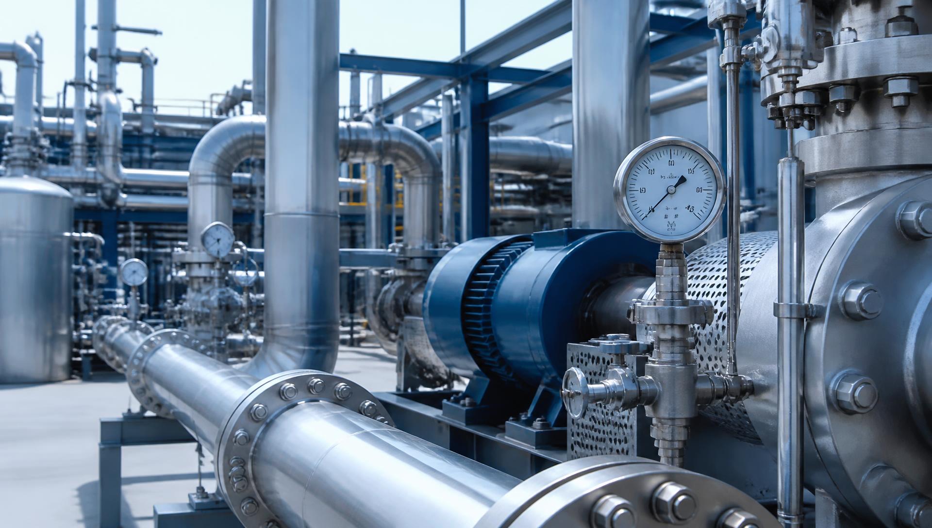 Process plant pipework, pressure gauges and rotating equipment